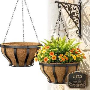 VOXOR 12 Inch Art Nouveau Style Metal Hanging Planter Baskets with Natural Coco Fiber Liner for Indoor and Outdoor Plants - 2～3 Pack, Black