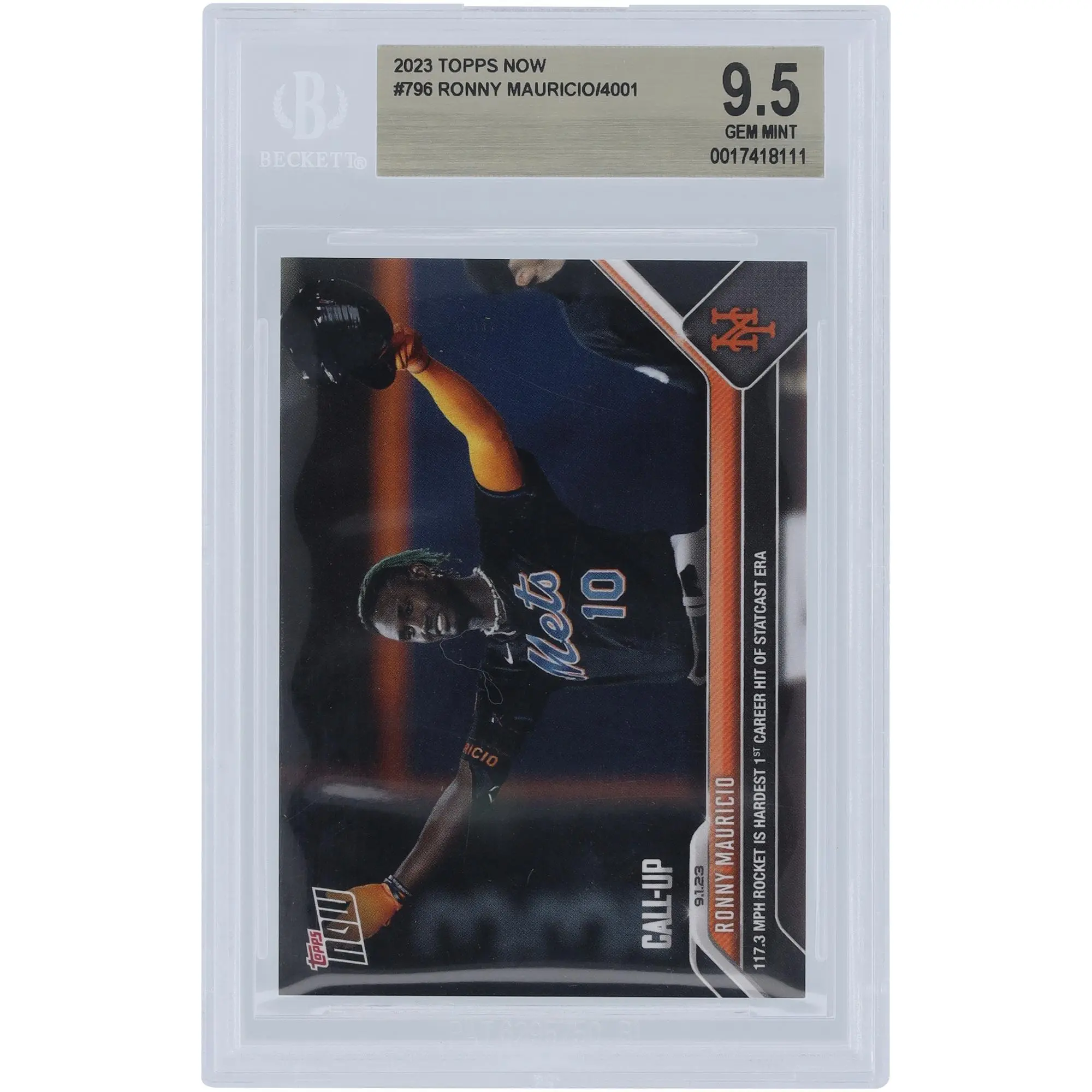Ronny Mauricio New York Mets 2023 Topps Now Call-Up Hit #796 BGS Authenticated 9.5 Card