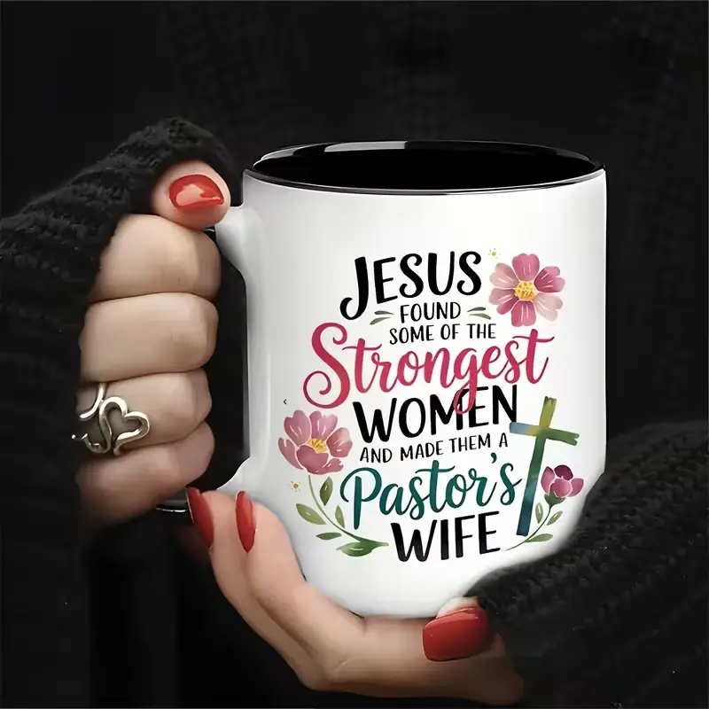 1pc Inspirational Jesus Mug - "Jesus Found Some of the Strongest Women and Made Them Pastor's Wife" Ceramic Coffee Cup with Floral Design, Reusable & Hand-Wash Only - Perfect Christian Gift for Coffee Lovers, Men & Women,Religious Giftware | Floral