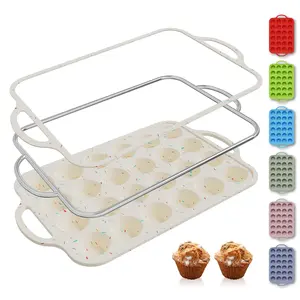 24 Cups Silicone Muffin Pan With Metal Reinforced Frame Mini Size Cupcake Tray Egg Bites Circle Cookie Molds Tin Tart Pans Non Stick Oven Safe Baking Sheet Set