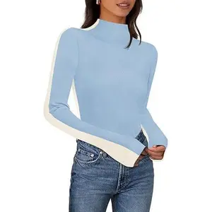 MEROKEETY 2025 Fall Color Block Ribbed Knit Sweater – Chic Long Sleeve Mock Neck Top for Cozy Layered Looks & Halloween Outfit Ideas