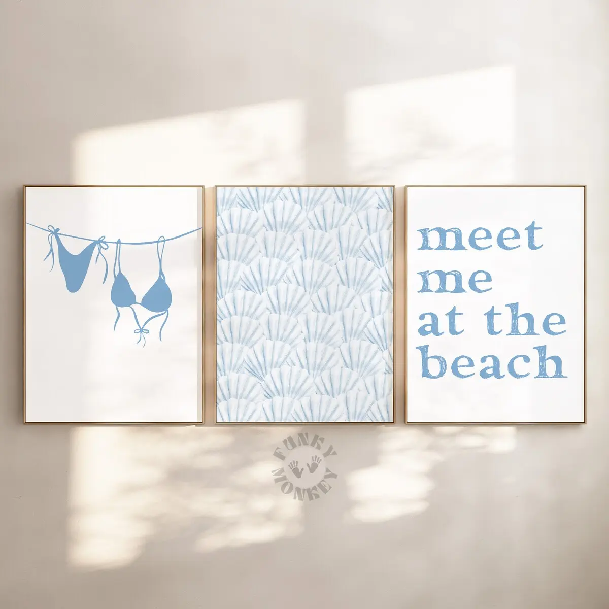 Set of 3 Blue Coastal Wall Art Posters Unframed Sea Shells Preppy Trendy Room Decor 5 size, 8x12 to 27x40 inch