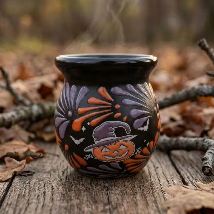 Handmade Traditional Glossy Lavender Halloween Theme Pumpkin Witch Clay Mug - Washable Black Talavera Jarrito Mexican Art Kitchenware Drinkware (Sets Available)
