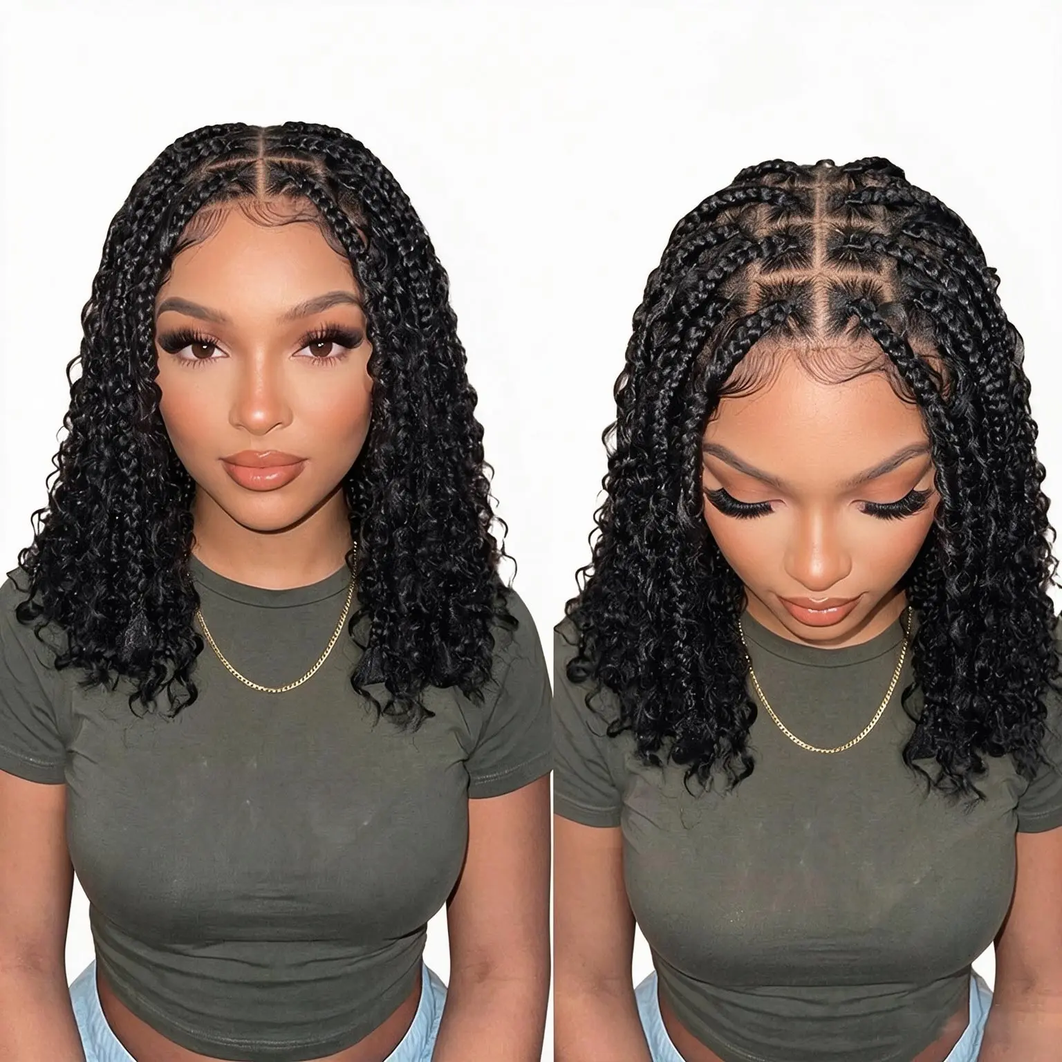 Bohemian Knotless Box Braided Wigs with Curly Ends Synthetic Boho Full Lace Braided Wigs 12 inches Short Braided Bob Wig for Black Women With Baby Hair