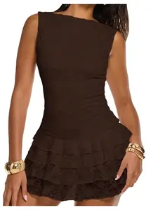 Women's Lace Ruffle Mini Dress – Sleeveless Y2K Slim Fit Layered Hem Party Dress