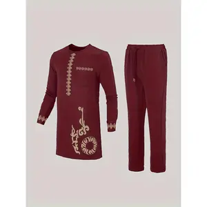 Men's African 2 Pieces Set Long Sleeve Geometric Print Dashiki And Drawstring Solid Pants Outfit Traditional Suit