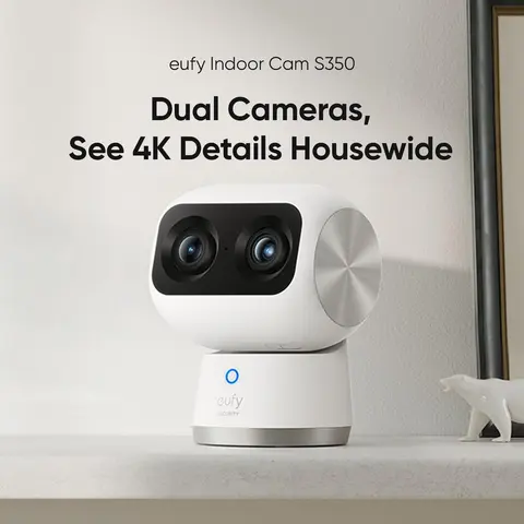 eufy Security Indoor Cam S350 Dual Lens Wireless Indoor Wifi Security Camera, 4K UHD High Definition, 8× Zoom, 360° PTZ, 8 Adaptive Infrared Lights, Human/Pet AI Tracking, Dual-Band Wi-Fi 6, Plug-In Smart Home Device (Baby Monitor) | Spingtok