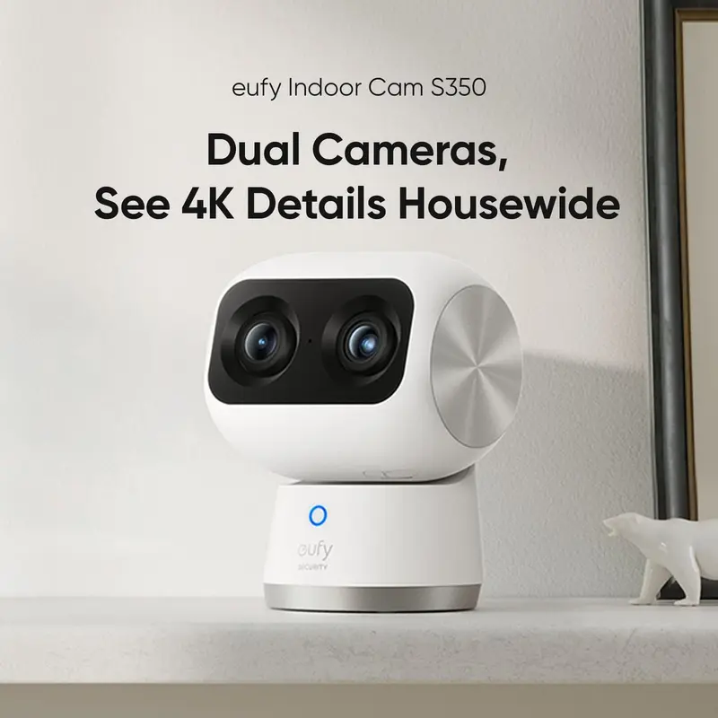 eufy Security Indoor Cam S350 Dual Lens Wireless Indoor Wifi Security Camera, 4K UHD High Definition, 8× Zoom, 360° PTZ, 8 Adaptive Infrared Lights, Human/Pet AI Tracking, Dual-Band Wi-Fi 6, Plug-In Smart Home Device (Baby Monitor) | Spingtok