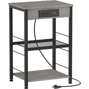 Nightstand with charging station, side table with USB ports and outlets,Bedside Tables, side table with storage shelves, suitable for living room, bedroom, study, bedside table, dark gray and black