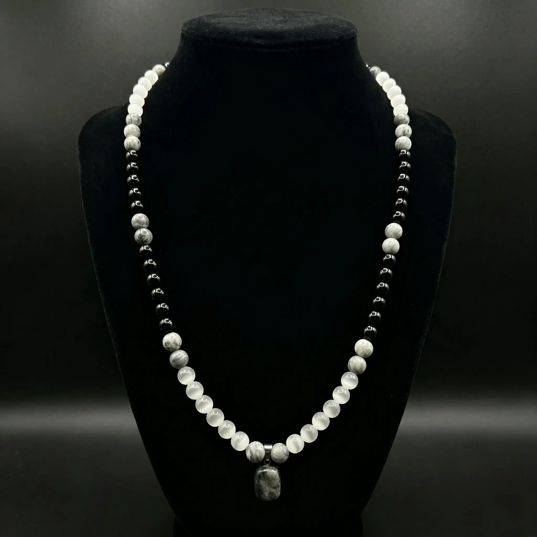 Prosperity Crystal Necklace, Black Obsidian White Jade, Feng Shui Money Attraction Jewelry for Men Women Balance Positive Energy Wealth Good Luck Healing Stone Long Sweater, Gift for Mom Wife Sister Friend