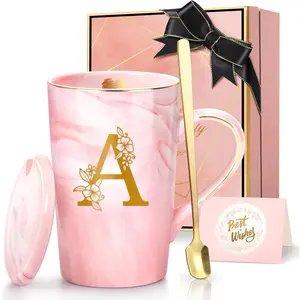 Personalized Marble Ceramic Mug Gifts for Women, 14 Oz  Initial Customized  Coffee Cup with Lid, Birthday Christmas Mother's Day Gifts for Her Wife Mom Grandma  Sister ,A