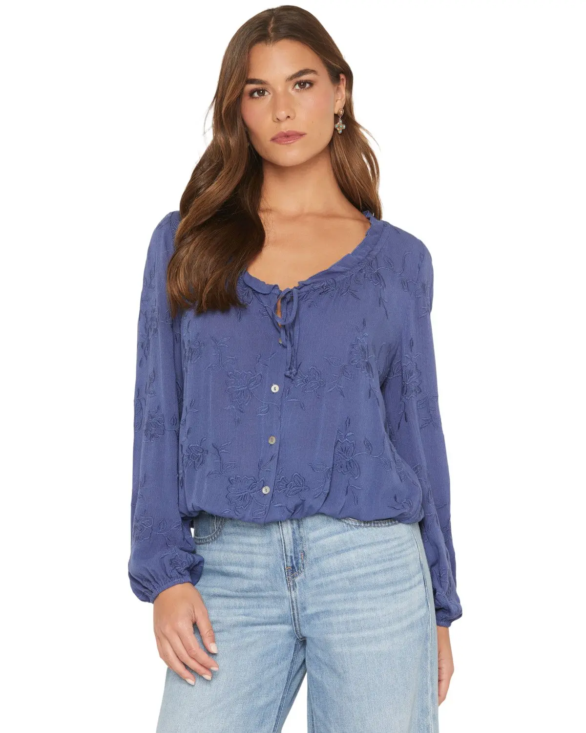 Wild Moss Women's Women'S Button-Front Embroidered Long Sleeve Peasant Top - Ima4416f- W2039