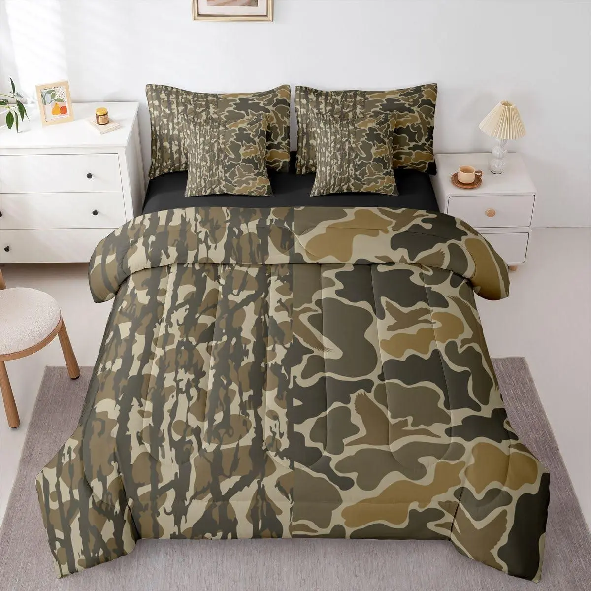 Camo Comforter Set with Sheets 7 Piece Duck Hunting Camoufalge Bed in a Bag Farmhouse Amry Bedding Set Bedroom Decor Breathable Soft Lightweight Microfiber
