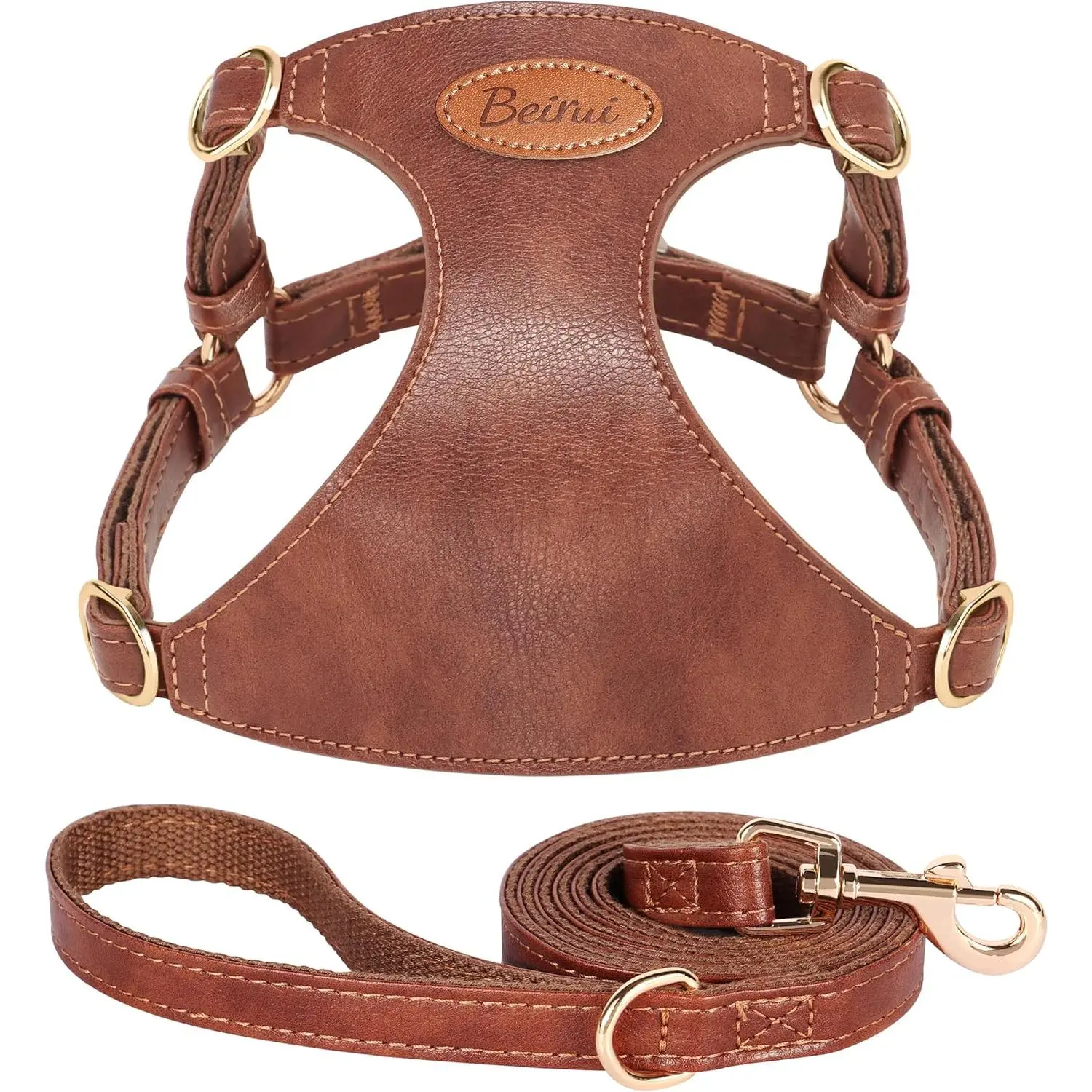 Beirui‌Stylish PU Leather Dog Harness‌ and Leash Set for Small Dogs,‌Adjustable Step in Puppy Harness with Breathable Mesh Lining and Durable Metal Buckle for Walking Traveling(Brown,XS)