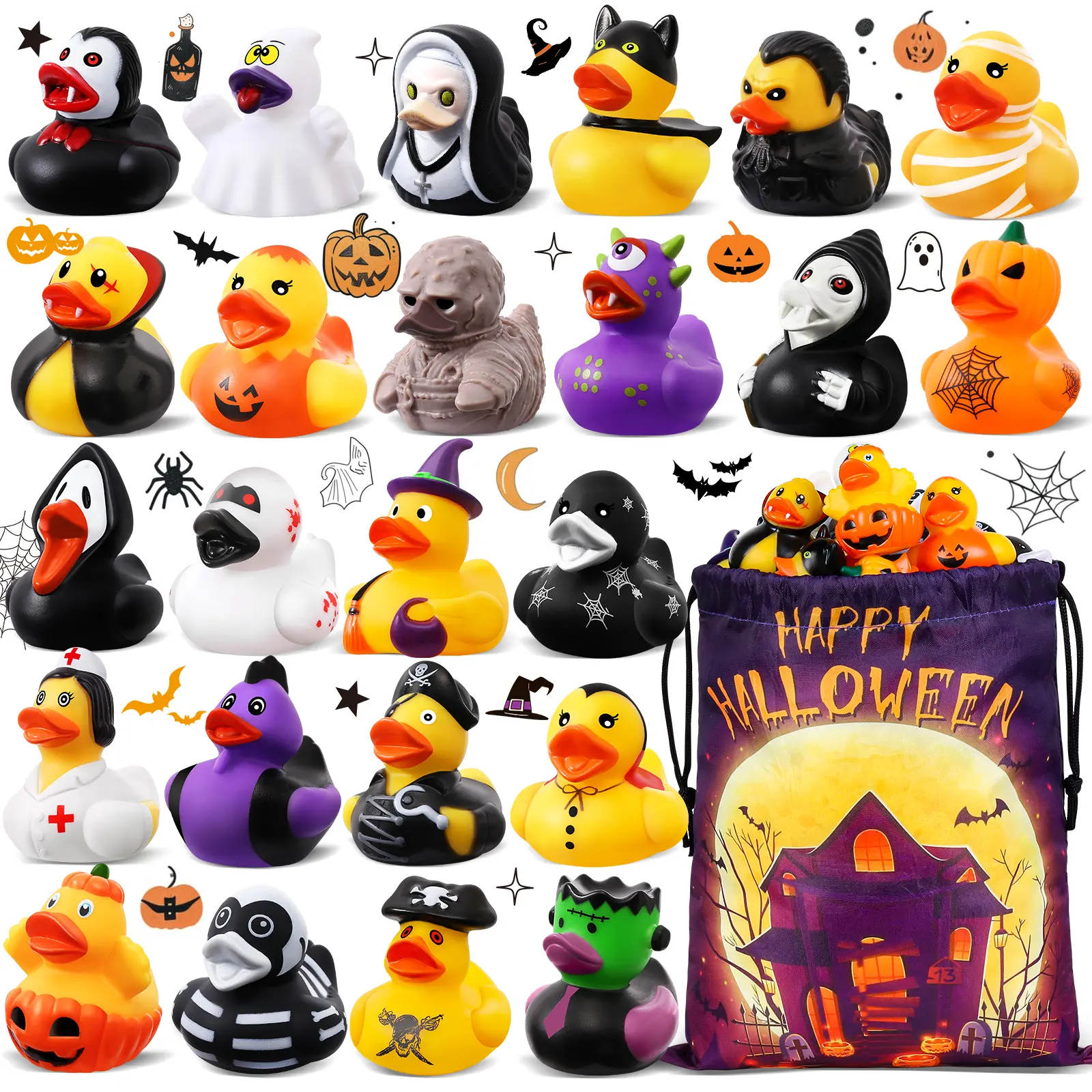 24-Pack Halloween Rubber Ducks - Kids' Bath Toys with Drawstring Bag, Trick or Treat Goodie Bag Stuffers, Classroom Rewards