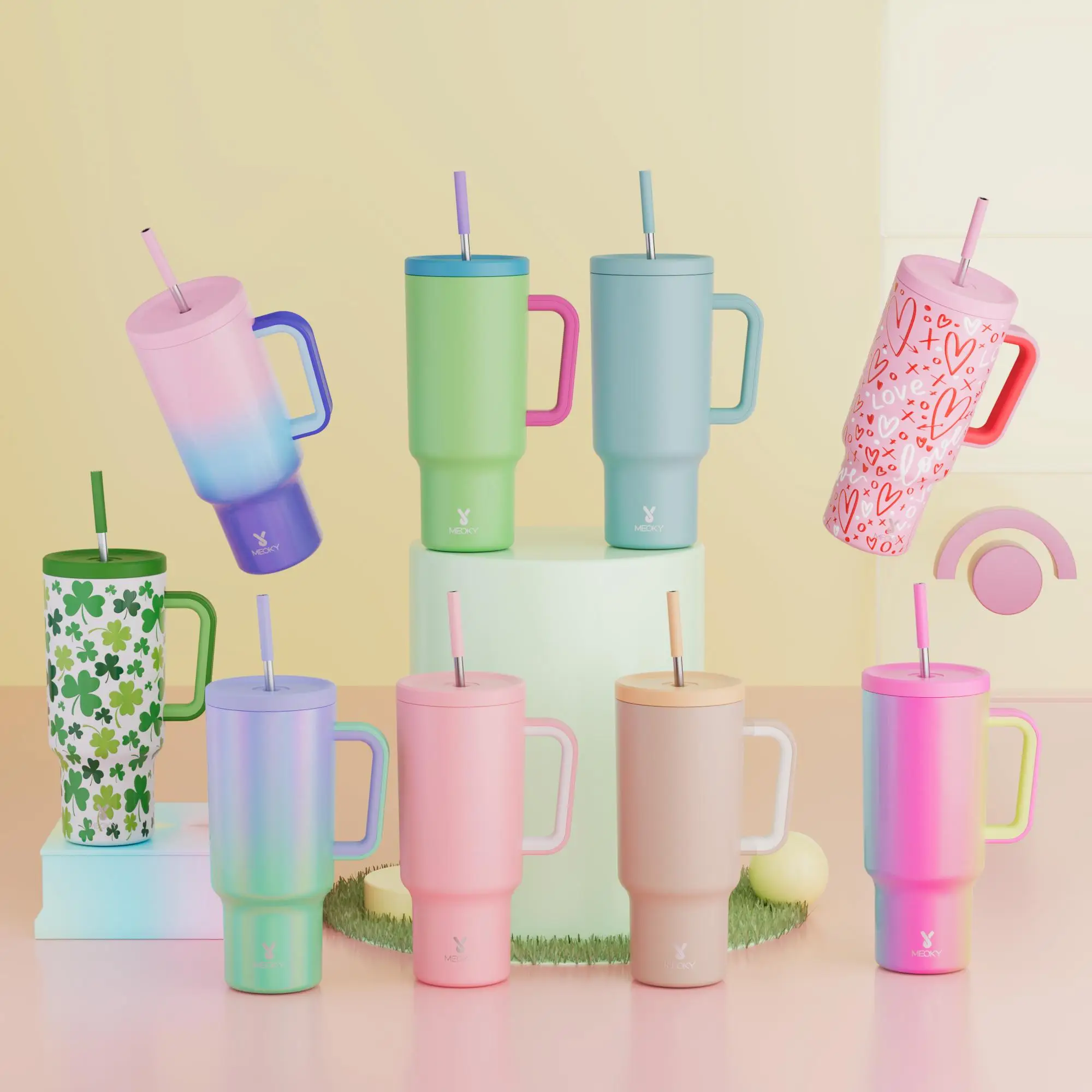 【Meoky】40oz Classic Straw Handle Cup, Multi-grid Ice Cube Mold, Leak-proof Cup Lid, Silicone Handle, Non-slip Noise Reduction Pad At The Bottom, Stain