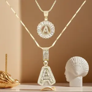 2 Count initial Letter Necklace Set with Zirconia Stones| Golden/Silver Bubble  Necklaces for Women| Iced Out  Necklace For Men| Birthday Gifts Anniversary Gift|  Letter Alphabet Necklace Zircon Stone pendant necklace initial zirconia stone