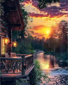 Sunset Cabin by River Diamond Painting Kit - Forest & Balcony Print, DIY Full Drill Rhinestone Art, Wall Decor for Living Room