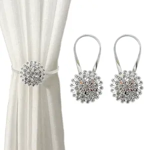 Magnetic Tiebacks for Curtains, 2 Pack Sparkling Crystal Flower Curtain Tiebacks Curtain Buckle Clips with High-Elastic Spring Wire for Home Office Decoration，European and American Style  (White)