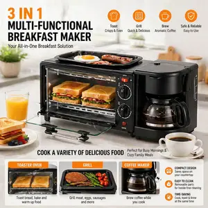 3-in-1 Multifunctional Breakfast Maker, Home Electric Toaster and Sandwich Maker, Grill and Coffee Maker, All-in-One Breakfast Solution