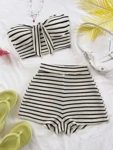 Women's Elegant Striped Pattern Set, Bow Detail Top and High Waist Shorts, Chic, Fashion, Casual, Bohemian, Perfect for Vacation, Date, Beach, Cruise, City Travel