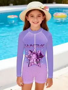 Girls' Sun Protection One-Piece Swimsuit "HUNTRX Girl Group Style" - Gradient Purple Anime Print + Long-Sleeved Zipper Design, Cool and Stylish with Sun Protection, Perfect for Creating a Vibrant Atmosphere at Summer Swimming Pools or Beaches~