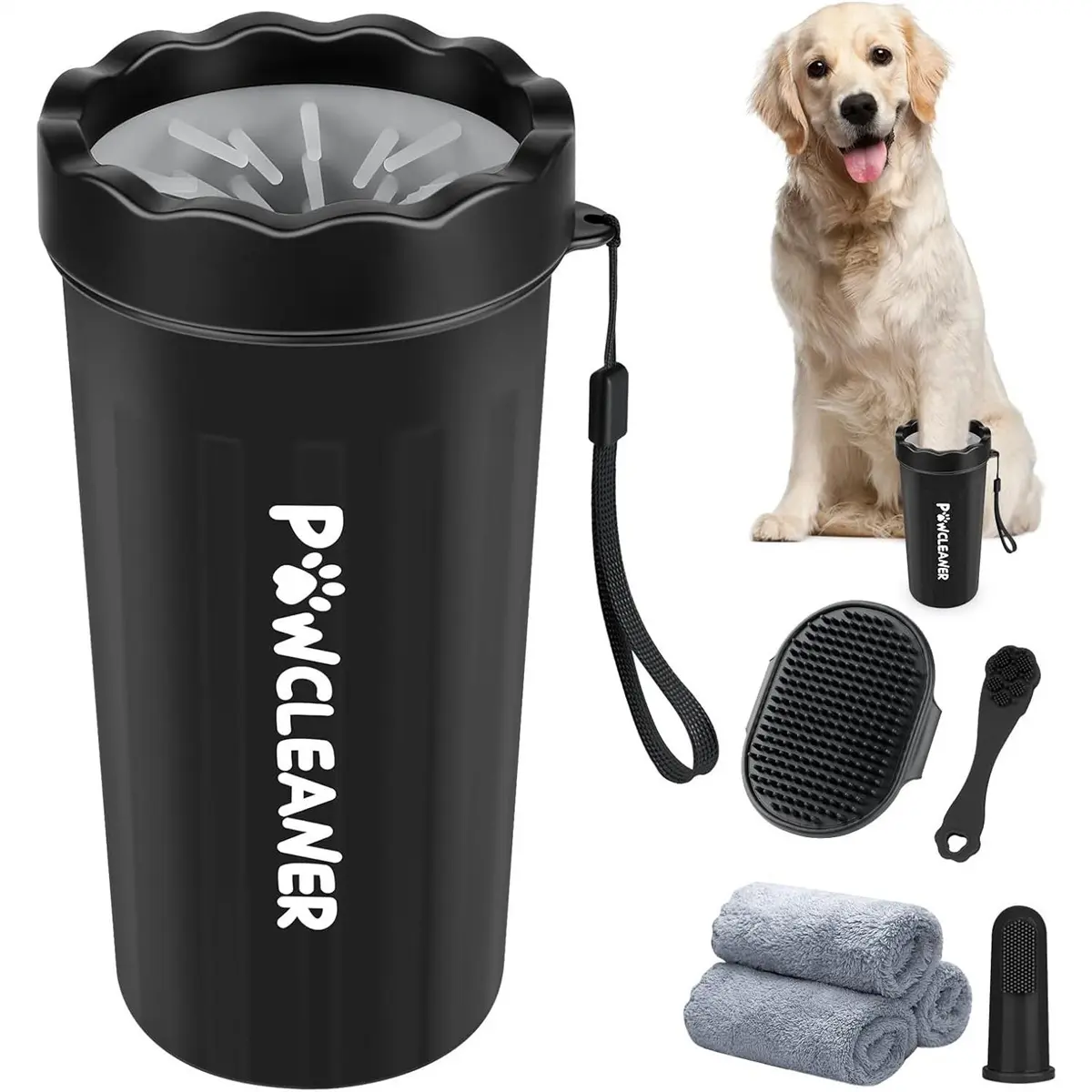 Large Dog Paw Cleaner Kit, 7-Piece Set with Portable Paw Washer, Bath Brush, 2 Pet Toothbrushes and 3 Towels, Fits 2.5–3.5 Inch Wide Paws