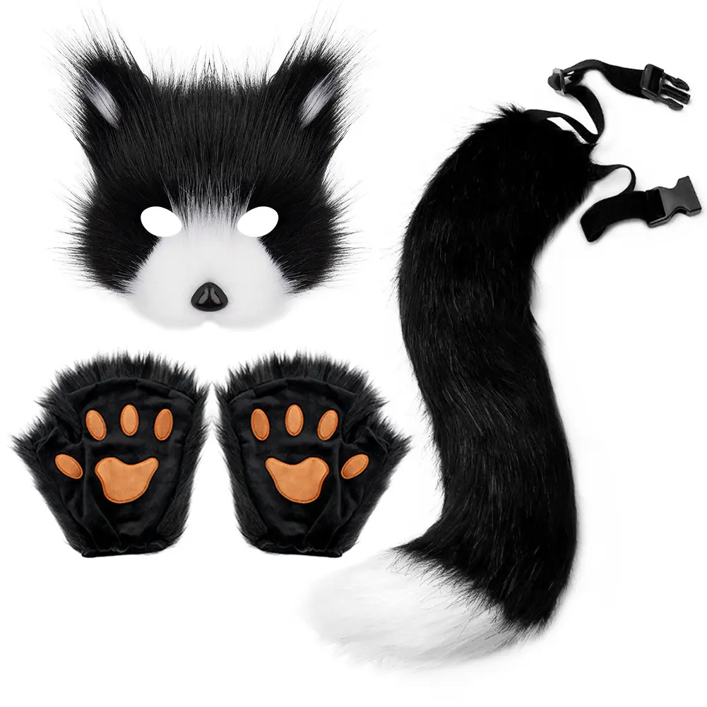 Unisex Furry Halloween Cosplay Costume Set - Matching Cosplay Mask, Fox Paw Gloves, Plush Fox Tail, Handmade Beast Tail Party Accessories (Sports & Outdoor Coaches' & Referees' Gear), Costume Mask