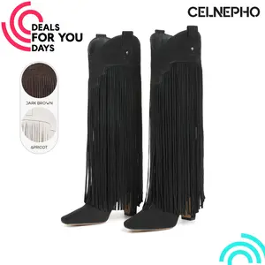 CELNEPHO Women Cowboy Boots Square Toe Chunky Block Heel Knee High Fringe Boot Easy Pull on Metal Studs Western Design Cosplay Fashionable Casual Summer Wear Party Horse Riding Country Wedding Indoor Outdoor Trendy Dress Shoes Deals For You Days