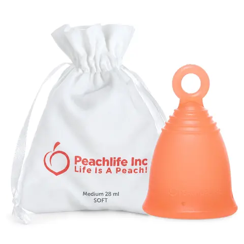 Peachlife Silicone Reusable Menstrual Cup - Medium Size with Ring Stem Handle for Easy Removal, Paraben-Free Safe Material, Unscented, Comfortable Secure Fit for Sensitive Skin, 12-Hour Long-Lasting Protection, Includes Storage Bag
