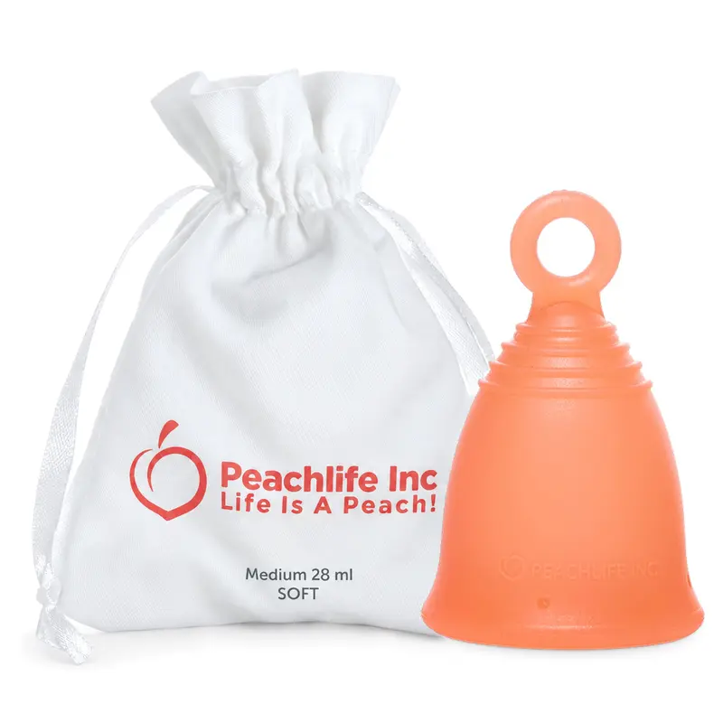 Peachlife Silicone Reusable Menstrual Cup - Medium Size with Ring Stem Handle for Easy Removal, Paraben-Free Safe Material, Unscented, Comfortable Secure Fit for Sensitive Skin, 12-Hour Long-Lasting Protection, Includes Storage Bag