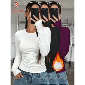 3-Pack Women’s Thermal Undershirts, Solid Color Classic Casual Fitted Crew Neck Long-Sleeve Base Layers for Autumn & Winter – Ideal as Running/Hiking Activewear, Comfortable Base Layer T‑Shirts Suitable for Outdoor Activities