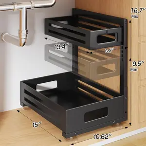 Pack Under Sink Out Cabinet Organizer with Smooth Cylindrical Slide Out Drawer for Kitchen Bathroom Laundry Tool Free Height