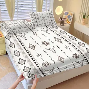 Navajo Tribal Style Fitted Sheet Set, 1 Mattress Cover & 2 Coreless Pillowcases, Skull Geometric Sun Symbol Mattress Protector, Soft Anti-Slip Wrinkle-Free, Vintage Slouchy Vibe Bedroom Decor Gift Ideal