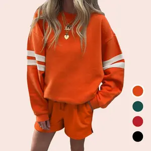 Women??s Varsity Striped Sleeve Drop Shoulder Sweatshirt and Short Set, Color Block Striped 2 Piece Shorts Set??gift??
