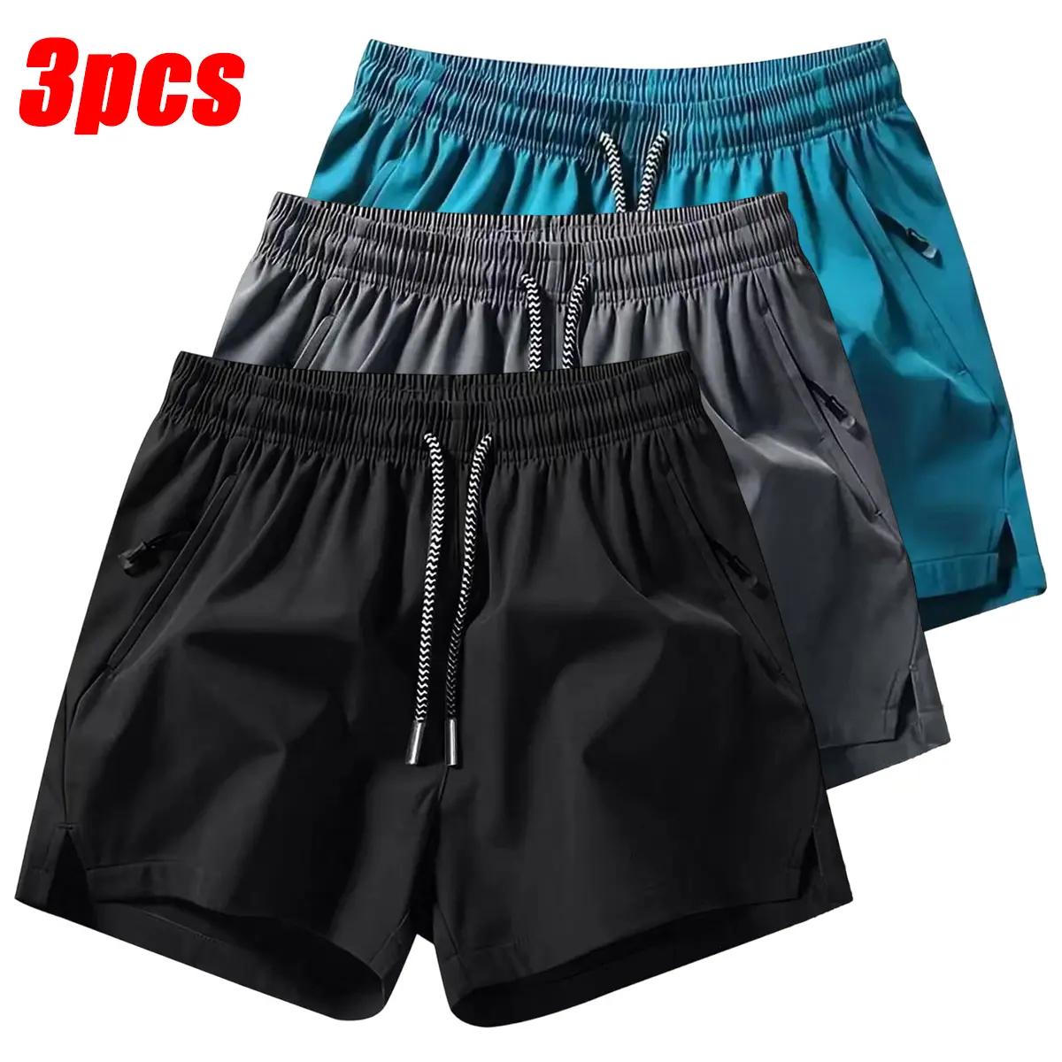 3-pack men’s casual shorts featuring a drawstring waist, made from lightweight polyester fabric with multiple functional pockets. Suitable for everyday wear, running, fitness, cycling, walking, and swimming. Drawstring-waist shorts.
