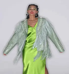 THE LEADER GREEN LEATHER JACKET WITH FRINGES AND BEATS