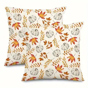 2pcs, Autumn Harvest Pillowcases Pumpkin & Falling Leaves Design for Thanksgiving Decor,  Single Sided Printing, No Pillow Core