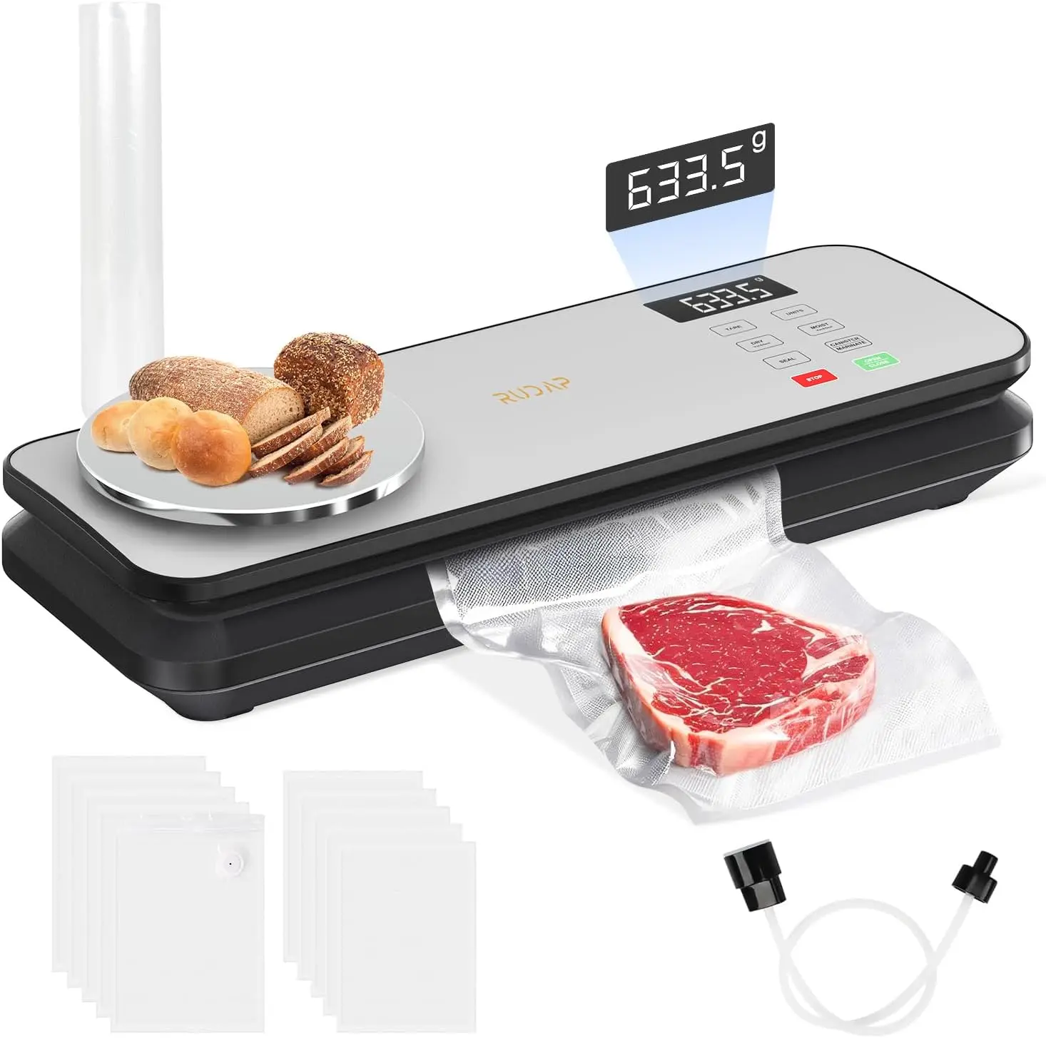 Semi-Automatic Stainless Steel Food Sealer - 90 Kpa Suction, 6-In-1 Sealing, Vacuum Compression, Power Supply (No Battery) - 10 Free Sealer Bags Included - Ideal for Dry/Moist Food Storage, Fridge Organization