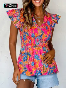 Summer Fashion Boho Floral Print Elastic Ruched Pleated Fly Short Sleeve Lightweight Top, Women's Casual Loose Fit Boho Cottagecore Blouse, Shirts, Womenswear, Boho Clothing, Stylish and Comfortable, Casual Classy Top, Bohemian