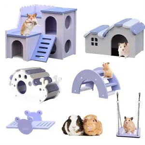 Guinea Pig Hamster Cage Accessories Set, Includes House Swing Arch Bridge Bell Roller Snail House Seesaw, Small Animal Habitat for Hamsters Guinea Pigs Gerbils Chinchillas