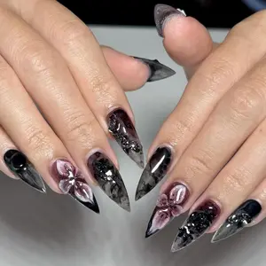 Gothic Dark Flower Press On Nails | 3D Pink Floral & Dark Marble Design | Black Clear Stiletto Nails | Handmade Grunge Flower Nails