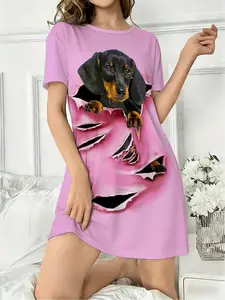 Women's Round Neck Short Sleeve Sleepwear, Casual Fitted Home Clothing, Dog Print Front Back, All Seasons Comfortable Nightgown, Sleepwear Loungewear