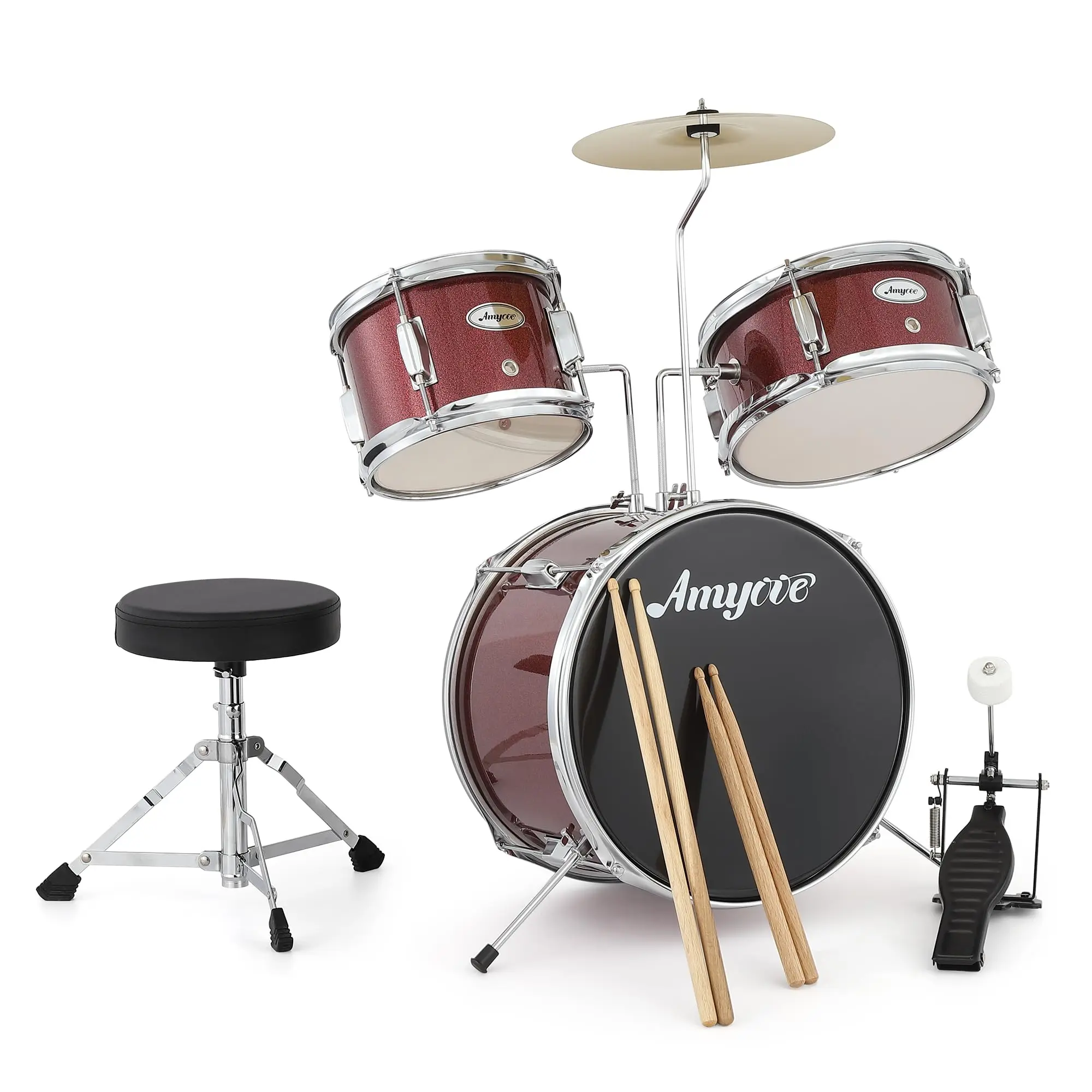 3 Piece Kids Drum Set with Cymbal, 2 Drumsticks, Pedal, 2 Tom,Beginner Junior Drum Kit with Throne Stool, Musical Instruments for Boys and Girls, Red( 3-Piece AD-150)
