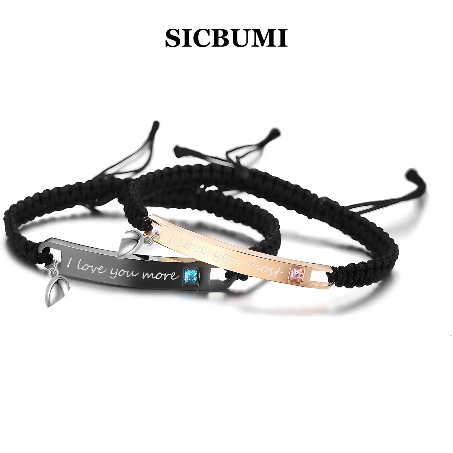 Sicbumi Braided Couples Bracelet Promise Words "I Love U More" "Always & Forever" Engraved Bracelets Attraction Relationship Bracelets for Him and Her
