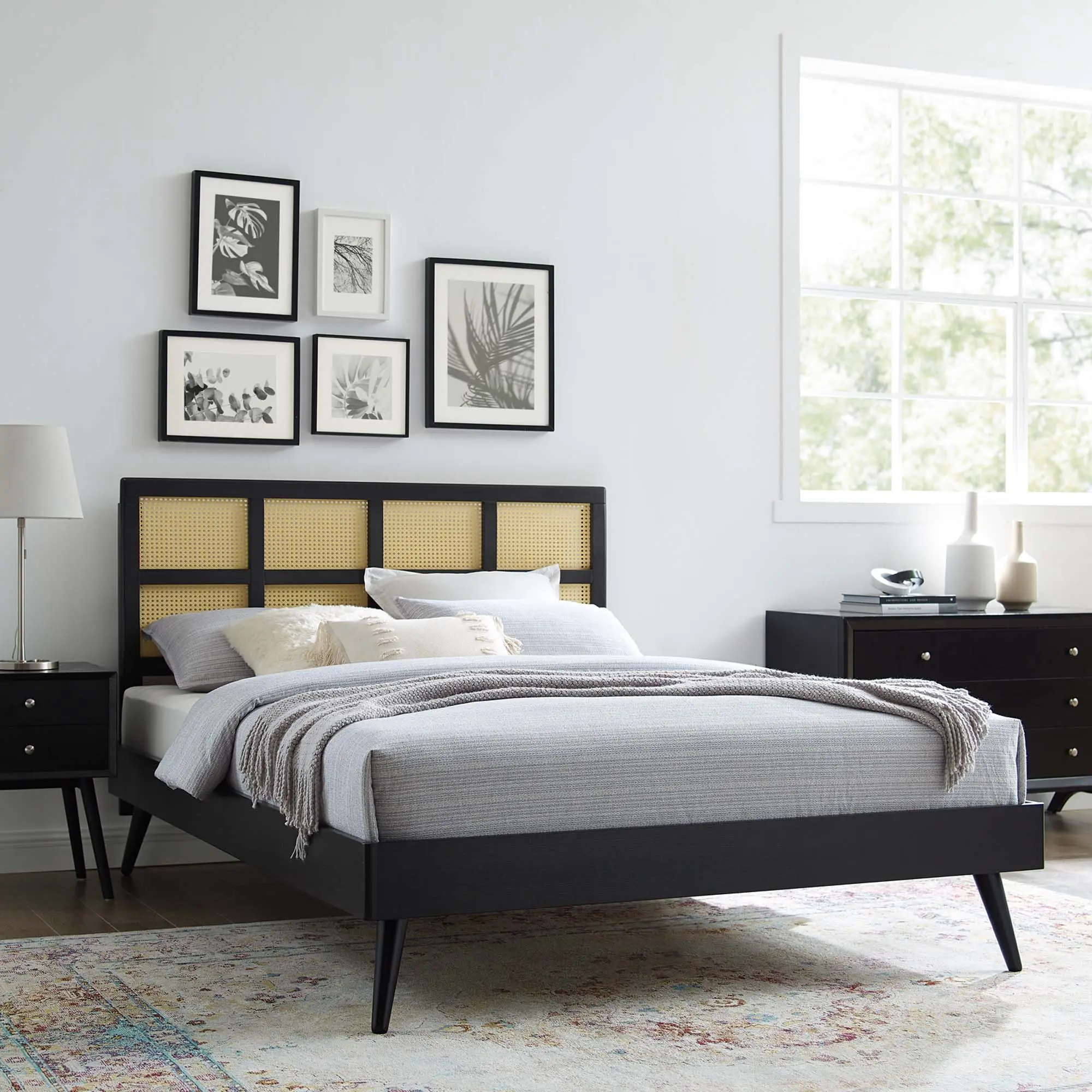 Modway Sidney Modern Platform Bed with Wood Headboard, Cane Accents, Black Finish, and Splayed Legs (Queen Size)