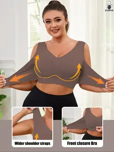 【Plus Size】 Solid Wireless Push Up Bra, Seamless Smooth Comfortable Breathable Buckle Front Bra, No Padding,Wide Strap Vest Bra for Daily Wear, Women's Lingerie for All Seasons