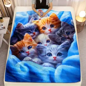 Adorable Kittens Flannel Blanket - Soft & Warm 3D Cat Print Throw for Sofa, Bed, Travel - Cozy 100% Polyester Flannel with Vivid HD Design, Perfect Gift for Cat Lovers, 280GSM