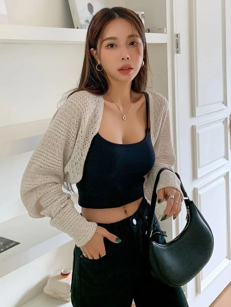LUNA LAYER Womens Oversized Pointelle Knit Open Front Crop Cardigan Casual Soft Sweater Apricot Basic Knitwear