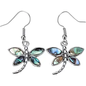 Jewelry Women Lovely Dragonfly Natural Abalone Shell Dangle Earrings (Green)